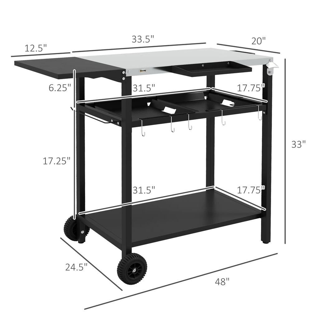 Outdoor Bar Cart with Rust-resistant Alloy Tabletop, Kitchen Island with Wheels, 2 Tiers & Seasoning Shelf, Patio Serving Cart with Hooks, Towel & Garbage Bag Holder, Plates & Spice Jars, Black