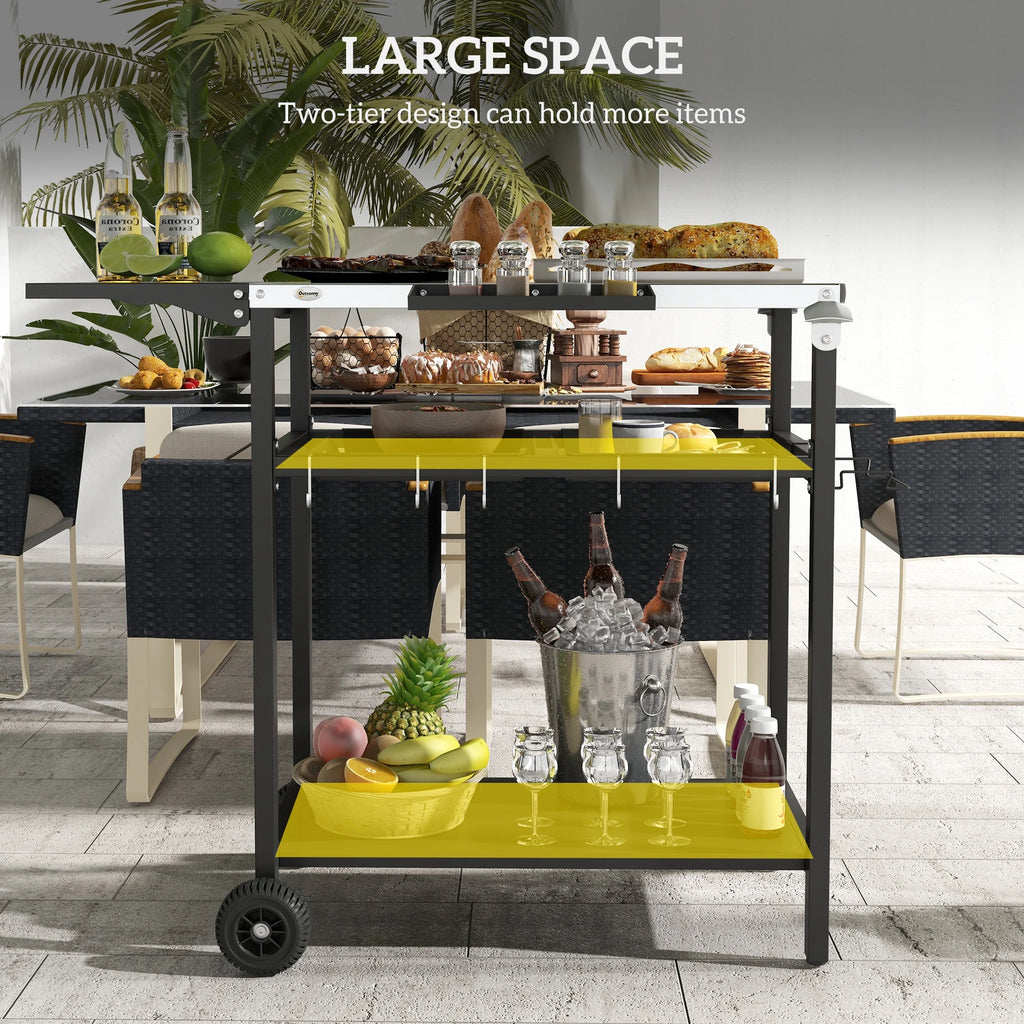 Outdoor Bar Cart with Rust-resistant Alloy Tabletop, Kitchen Island with Wheels, 2 Tiers & Seasoning Shelf, Patio Serving Cart with Hooks, Towel & Garbage Bag Holder, Plates & Spice Jars, Black
