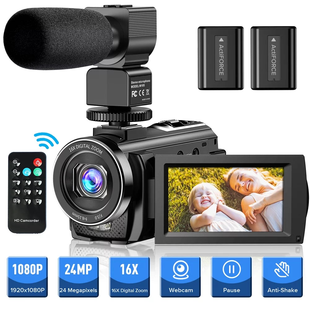 Video Camera Camcorder YouTube Vlogging Camera FHD 1080P 30FPS 24MP 16X Digital Zoom 3" LCD 270 Degrees Rotatable Screen Digital Camera Recorder with Microphone,Remote Control,2 Batteries