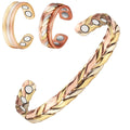 Wollet Magnetic Gold Copper Bracelets+2 Copper Rings for Women, Hand Braided Design, Set of 3 , Fashion Health Christmas Gift