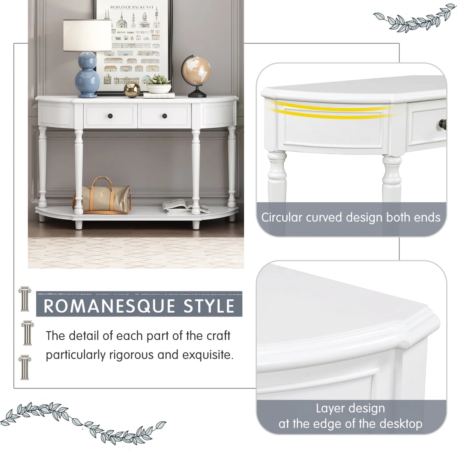 TREXM Retro Circular Curved Design Console Table with Open Style Shelf Solid Wooden Frame and Legs Two Top Drawers (White  OLD SKU  WF298768AAK)