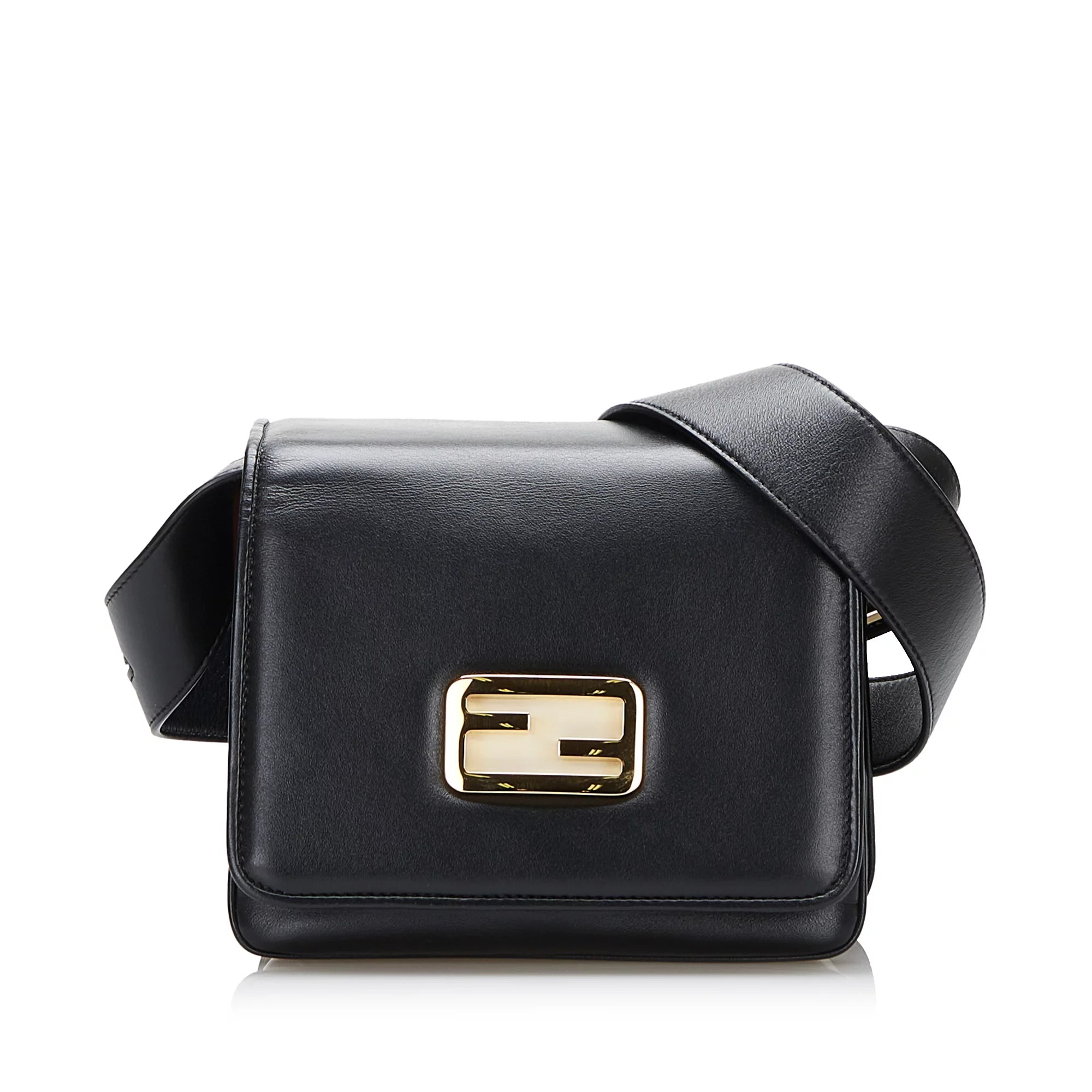 Used Authenticated Fendi Small ID Crossbody Bag Calf Leather Black Unisex (Good)