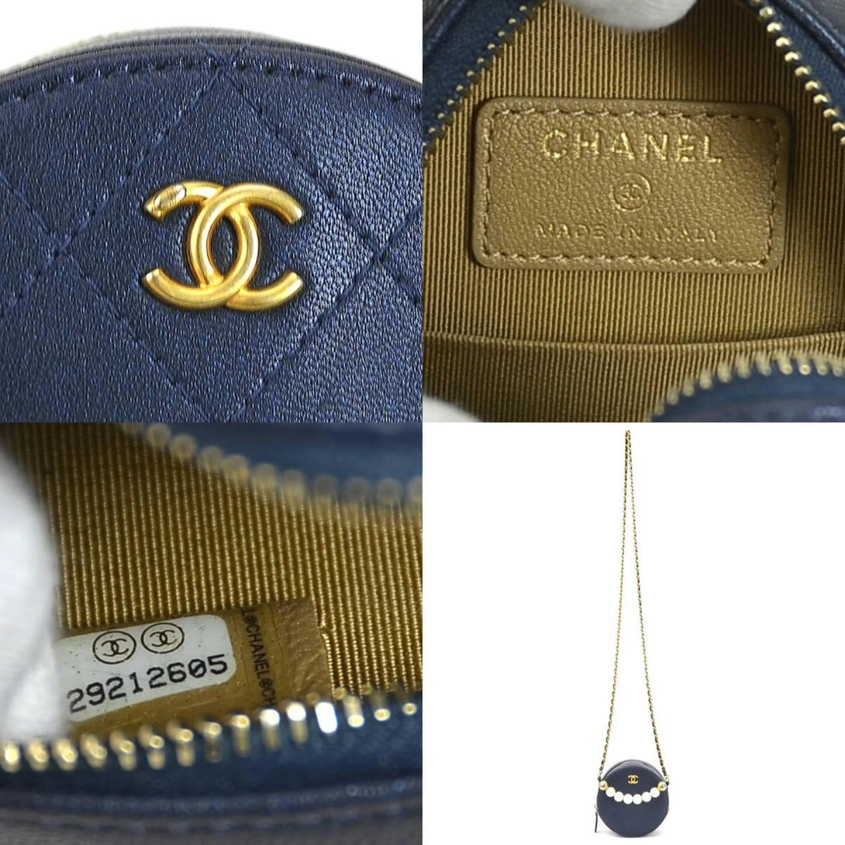 Secondhand CHANEL Crossbody Shoulder Bag Pochette Coco Mark Leather/Metal/Fake Pearl Navy/Gold/Off-White Female (Good)