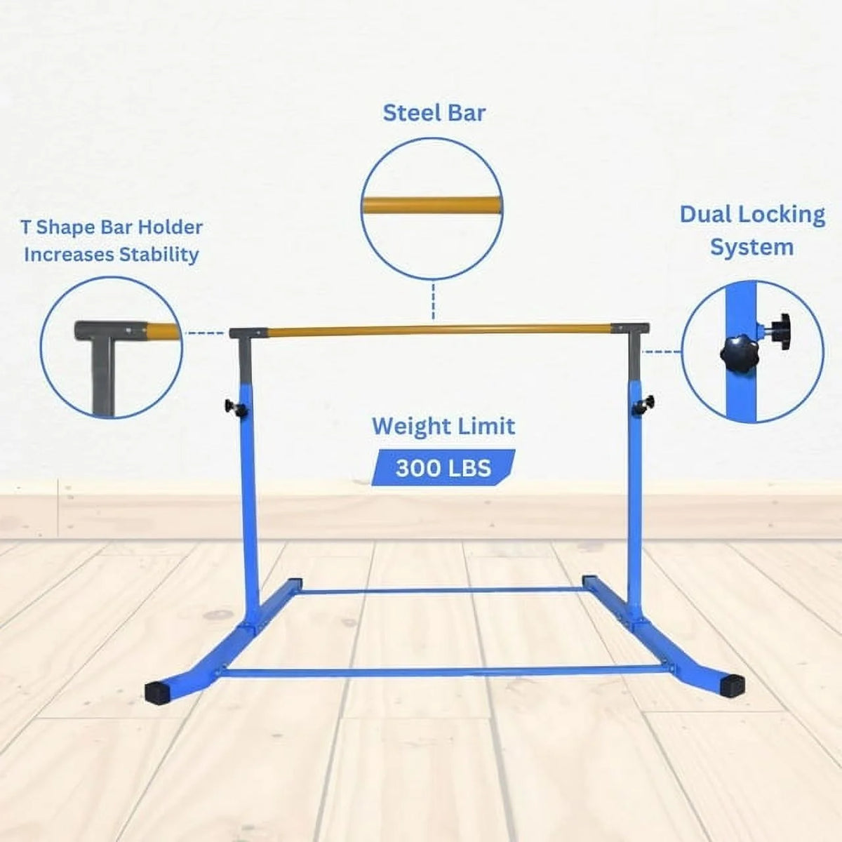 Adjustable Kids Gymnastics Kip Bar, 3-5 FT Height, Robust Legs, Blue - Junior Home Training Equipment