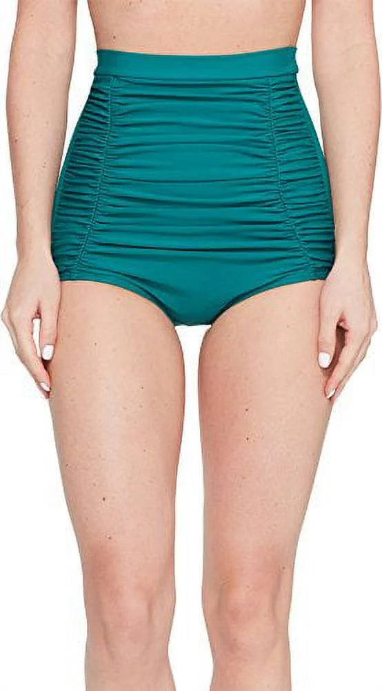 Unique Vintage Female Monroe High Waist Ruched Bikini Bottom, Emerald Green, S