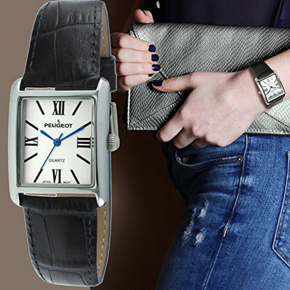 peugeot For Her silver tank roman numeral blue leather band watch 3036bl