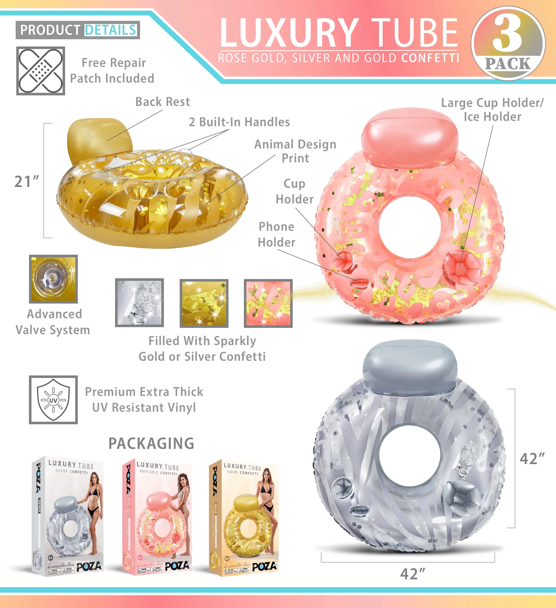 POZA Inflatable Luxury Tubes with Back Rest - Rose Gold, Gold, Silver Sparkle Confetti Filled Luxurious Lounger, Thick Pool Float Tubes, Built in Phone and Cup Holder with Handles, 42 Inch, Pack of 3