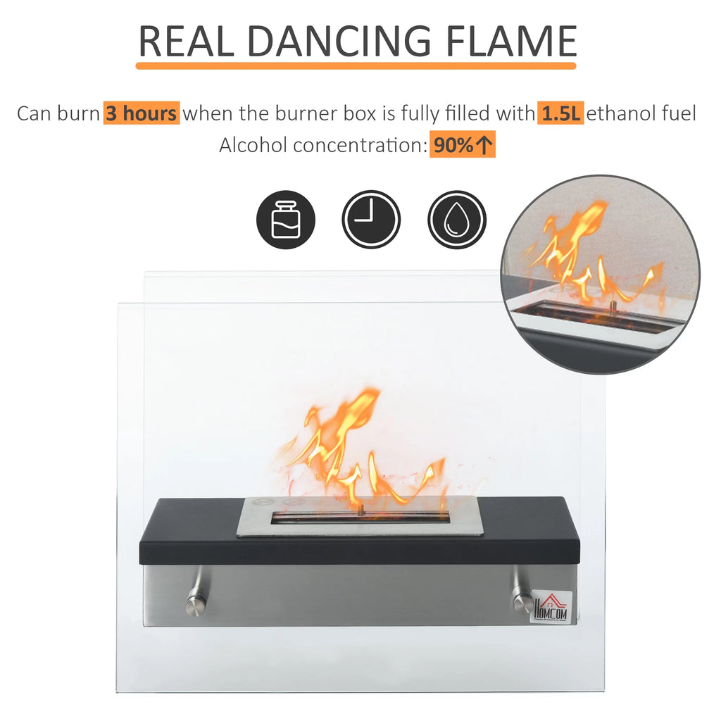 HOMCOM Ethanol Fireplace, 18.5" Tabletop 0.39 Gal Rust-resistant Metal 269 Sq. Ft., Burns up to 3 Hours, Black