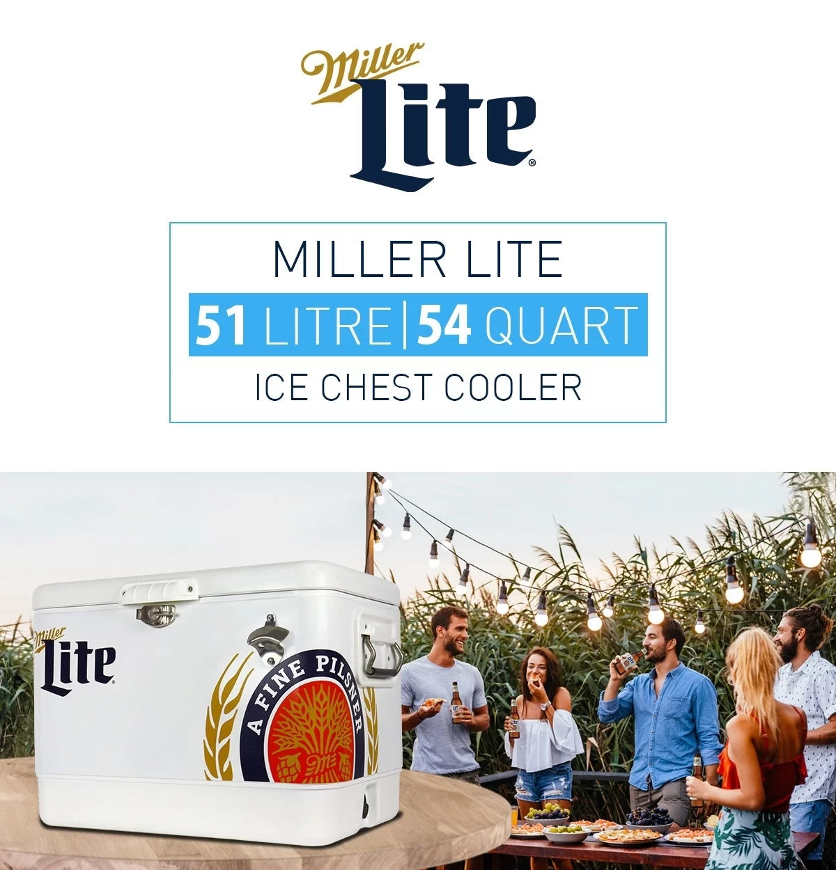 Miller Lite Ice Chest Beverage Cooler with Bottle Opener, 51L (54 QT), 85 Can Metal-belted Portable Cooler, White and Blue, for Camping, Beach, RV, BBQs, Tailgating, Fishing