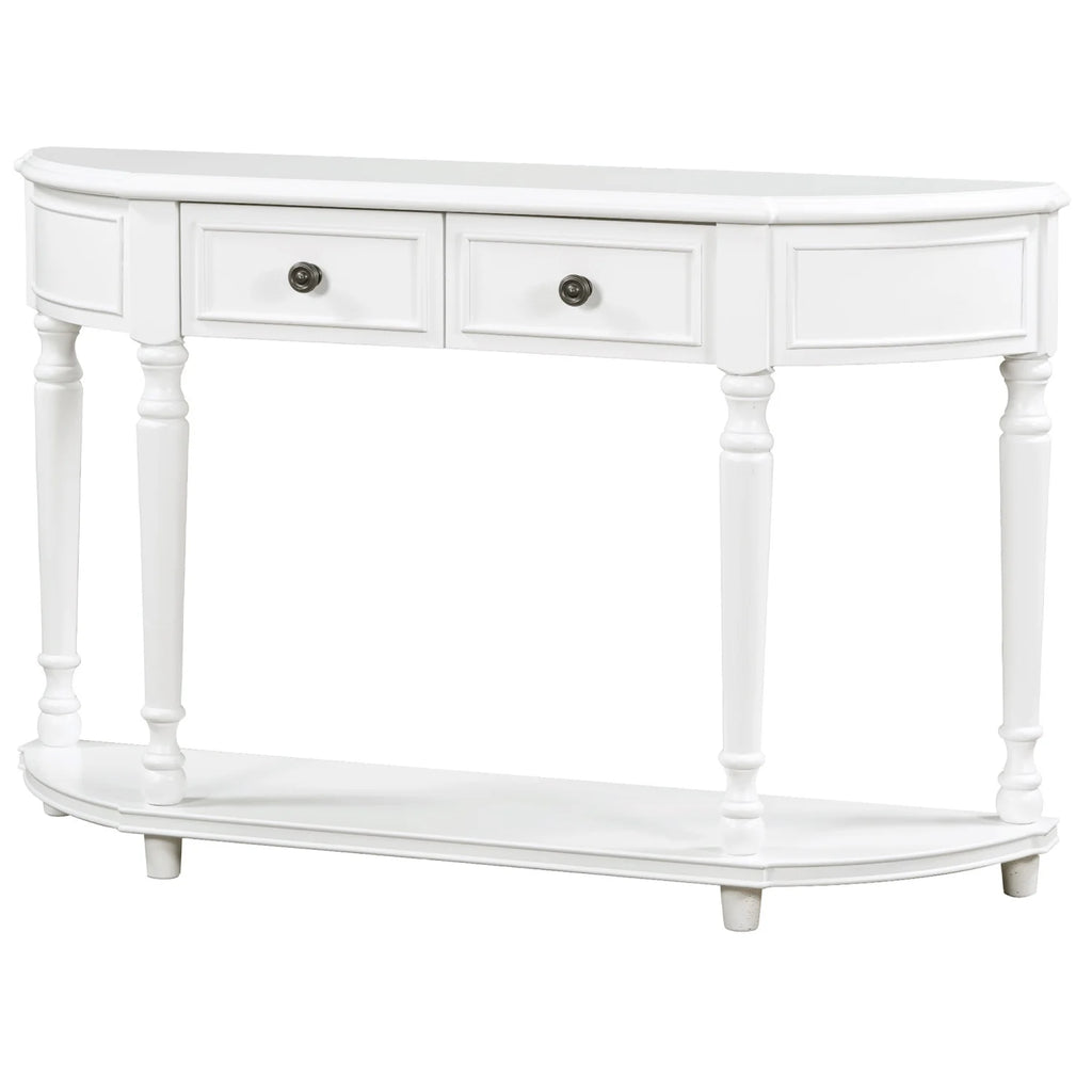 TREXM Retro Circular Curved Design Console Table with Open Style Shelf Solid Wooden Frame and Legs Two Top Drawers (White  OLD SKU  WF298768AAK)
