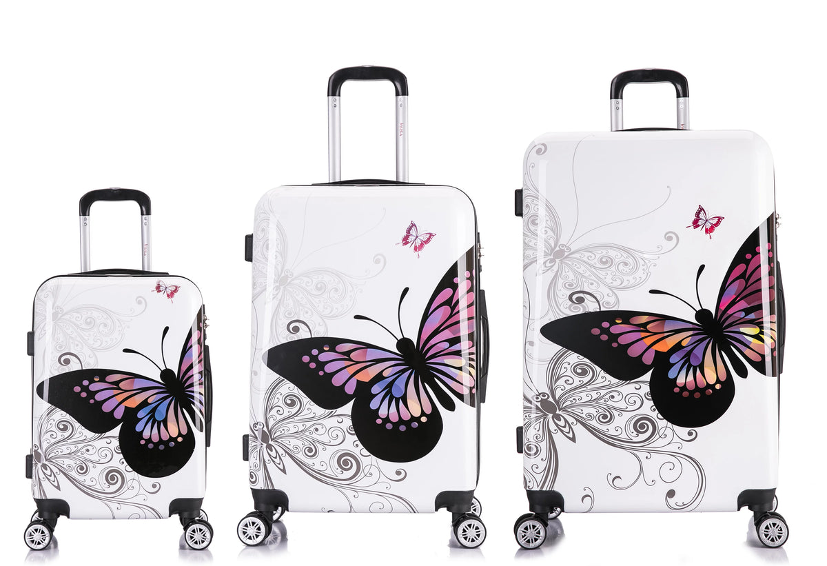 InUSA Print 3-Piece Hardside Luggage Sets with Spinner Wheels, Handle, Trolley, (20"/24"/28"), Butterfly