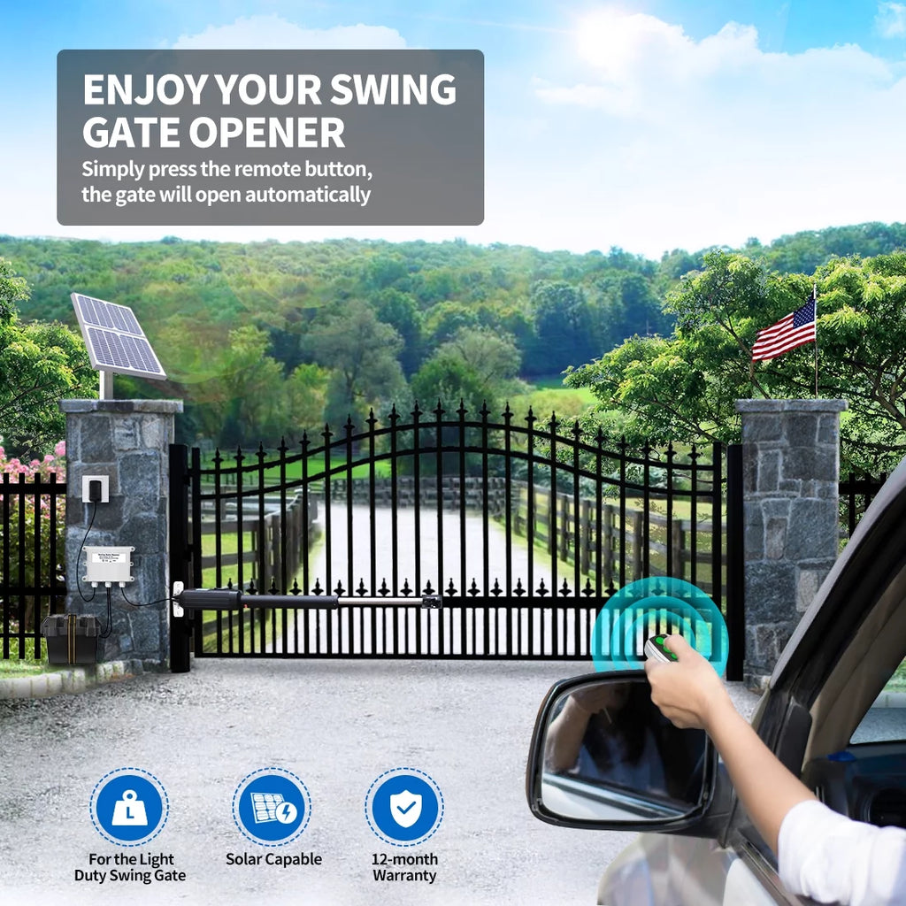 TOPENS A5S Automatic Gate Opener for Medium Duty Single Swing Gates Up to 16ft, Single Swing Gate Operator Battery Powered with Remote Control Kit Gate Motor Solar Compatible
