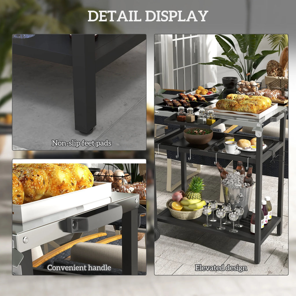 Outdoor Bar Cart with Rust-resistant Alloy Tabletop, Kitchen Island with Wheels, 2 Tiers & Seasoning Shelf, Patio Serving Cart with Hooks, Towel & Garbage Bag Holder, Plates & Spice Jars, Black