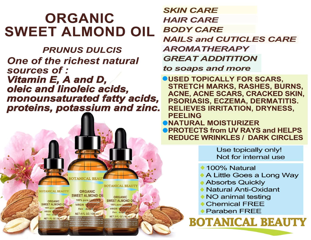 Botanical Beauty Organic Sweet Almond Oil 100% Pure/Virgin/Unrefined Cold Pressed Carrier Oil. 2 Oz-60 Ml. For Face, Hair And Body.
