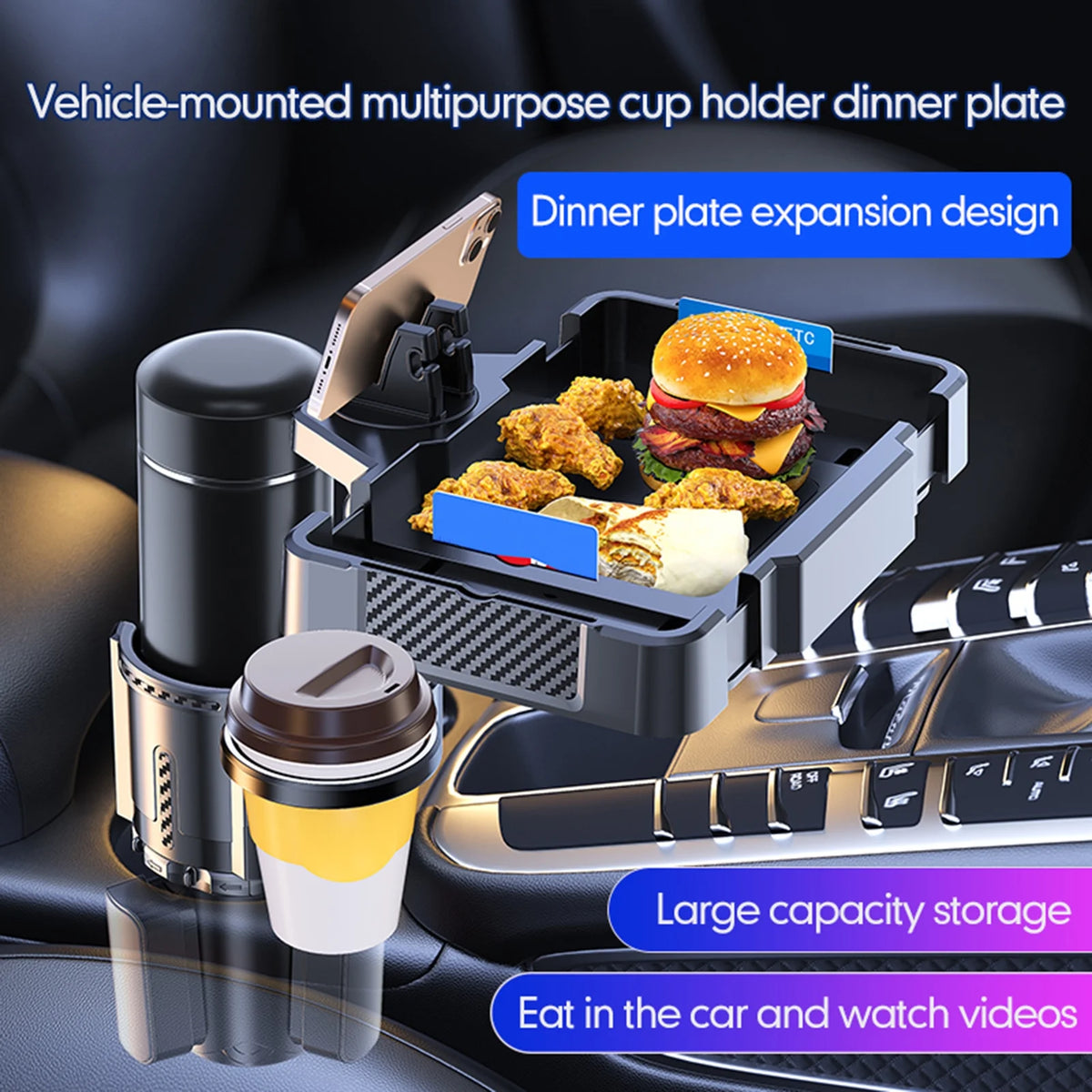 moobody Car Cup Holder Multifunctional Storage Rack, Dual Holder 4IN1 Cup Tray for Drinks and Phones, Versatile Snack Tray Expander