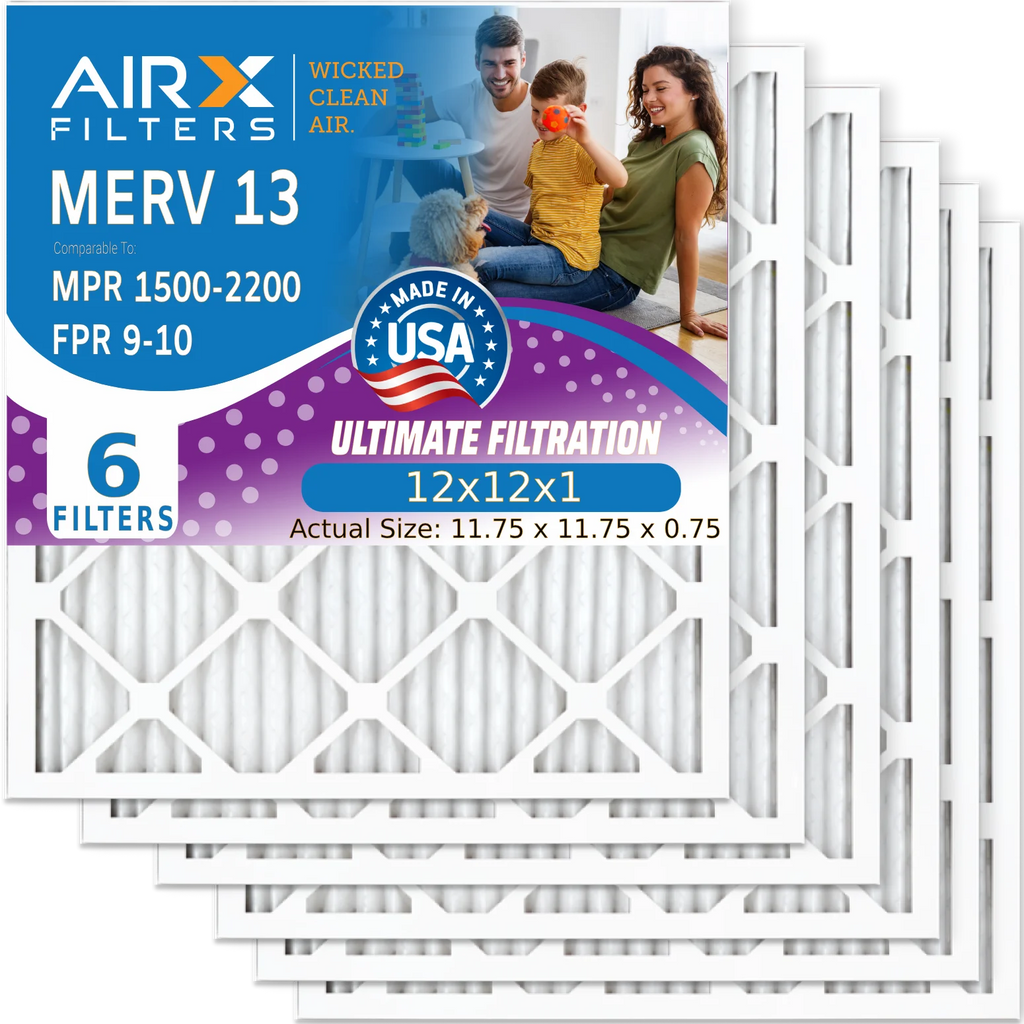 12x12x1 Air Filter MERV 13 Comparable to MPR 1500 - 2200 & FPR 9 Electrostatic Pleated Air Conditioner Filter 6 Pack HVAC AC Premium USA Made 12x12x1 Furnace Filters by AIRX FILTERS WICKED CLEAN AIR.