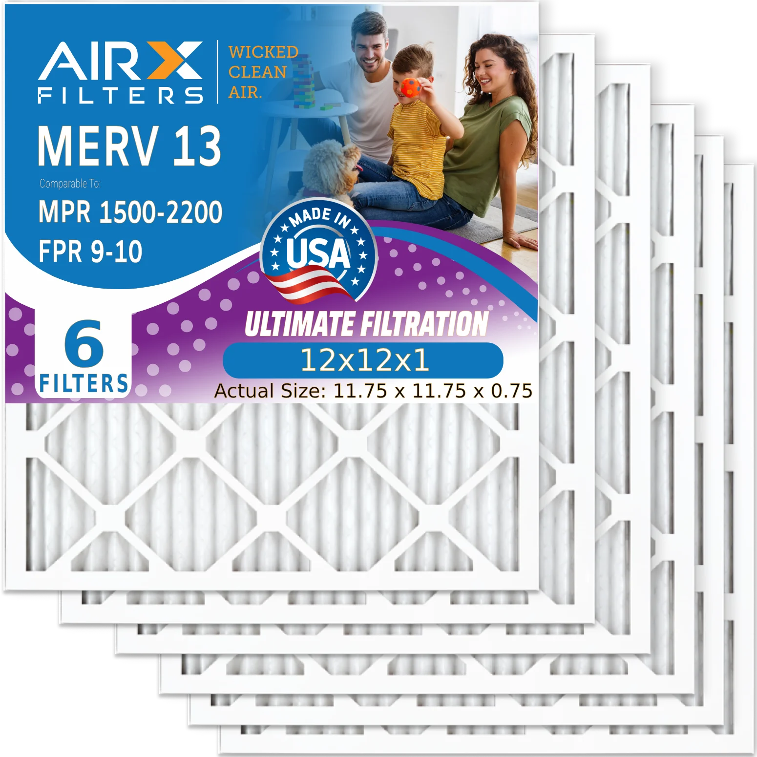 12x12x1 Air Filter MERV 13 Comparable to MPR 1500 - 2200 & FPR 9 Electrostatic Pleated Air Conditioner Filter 6 Pack HVAC AC Premium USA Made 12x12x1 Furnace Filters by AIRX FILTERS WICKED CLEAN AIR.