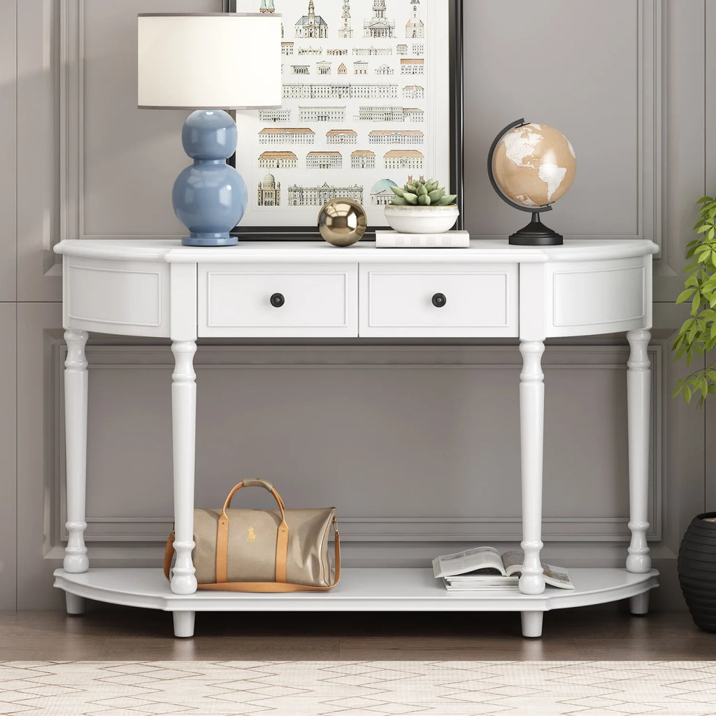 TREXM Retro Circular Curved Design Console Table with Open Style Shelf Solid Wooden Frame and Legs Two Top Drawers (White  OLD SKU  WF298768AAK)