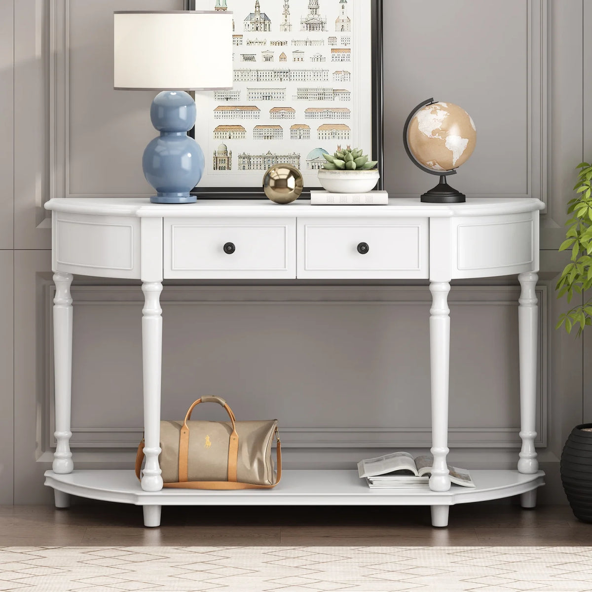 TREXM Retro Circular Curved Design Console Table with Open Style Shelf Solid Wooden Frame and Legs Two Top Drawers (White  OLD SKU  WF298768AAK)