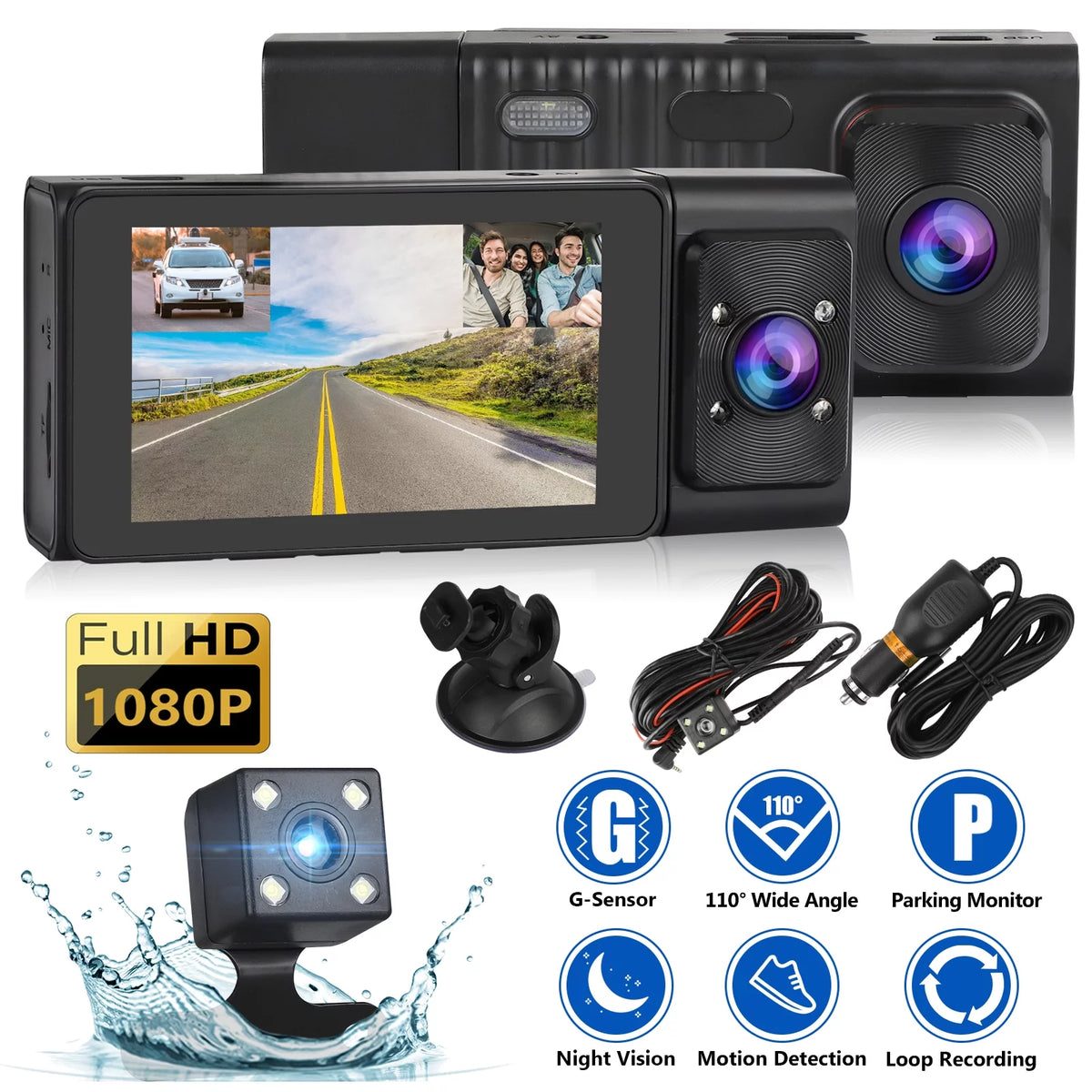 Dash Cam Front and Rear, TSV 3 Channel Dual Dash Camera, 1080P Car Camera DVR Backup Cam with Night Vision, G-Sensor