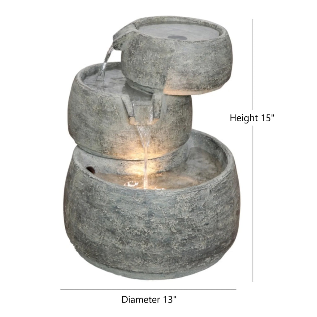 Classic Home and Garden Indoor/Outdoor Lightweight Polyresin 3-Tier Cascading Fountain with LED Light, Quartz Color, 11.5” D x 15” H