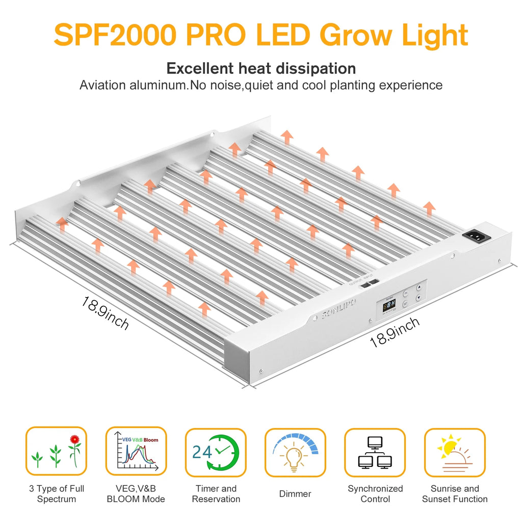 SPF2000 PRO LED Grow Light 200W with Full Spectrum Veg & Bloom Dimmer Timer - 3x3ft Coverage Sunlike Grow Lamps for Indoor Plants - Seeding, Flowering, and Plant Growth LED Plant Light Fixture