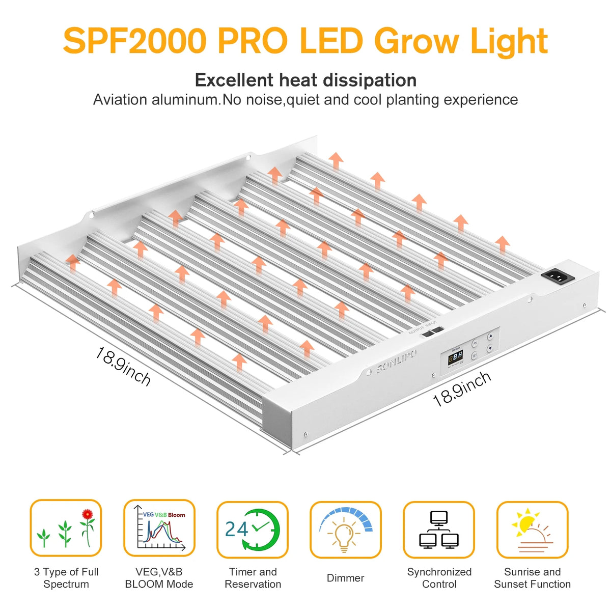 SPF2000 PRO LED Grow Light 200W with Full Spectrum Veg & Bloom Dimmer Timer - 3x3ft Coverage Sunlike Grow Lamps for Indoor Plants - Seeding, Flowering, and Plant Growth LED Plant Light Fixture
