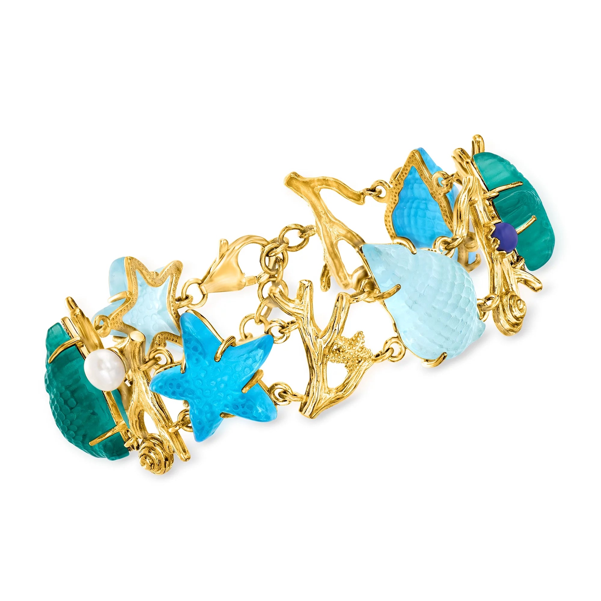 Ross-Simons Italian Tagliamonte Blue and Green Venetian Glass Sealife Bracelet With Cultured Pearl in 18kt Gold Over Sterling, For Her, Adult