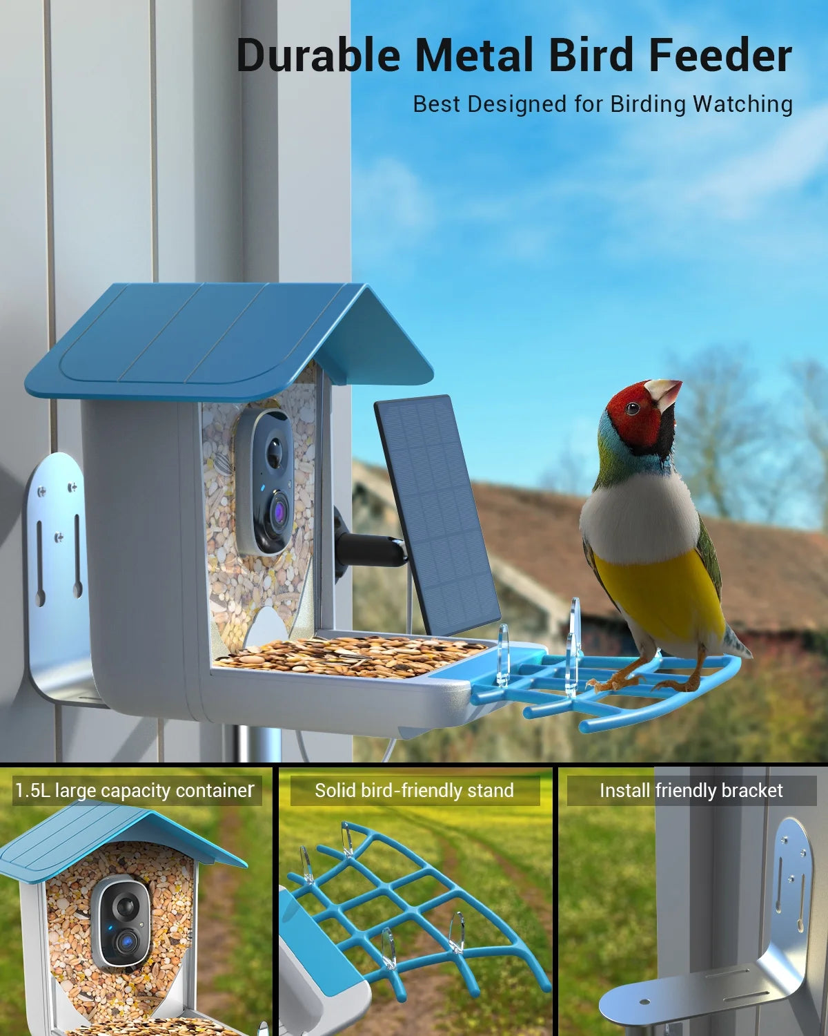 TMEZON Smart Bird Feeder with Camera, Bird Feeder House with 1080P Battery Security Camera Solar Powered Auto Capture Bird Videos Wireless Outdoor