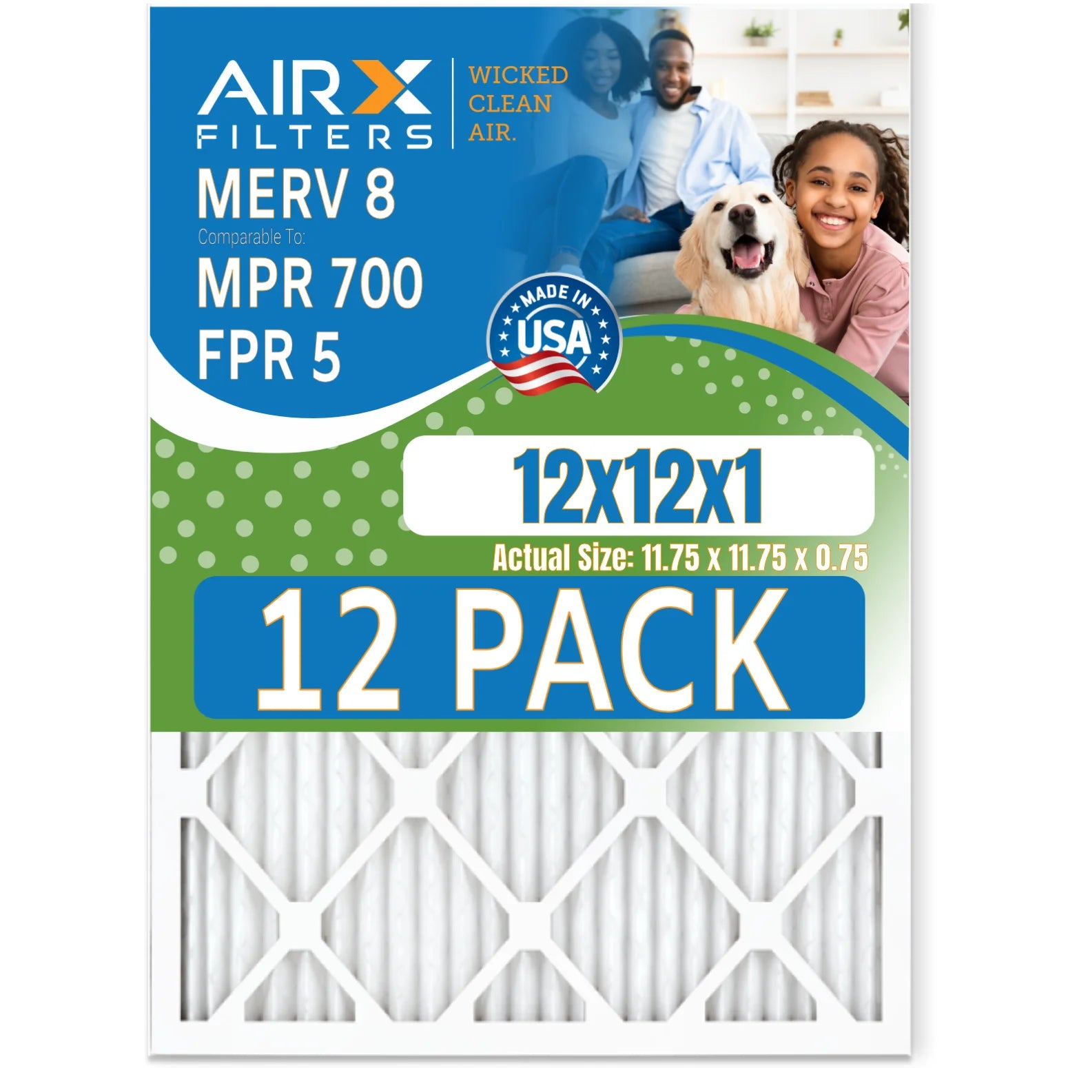 12x12x1 Air Filter MERV 8 Rating, 12 Pack of Furnace Filters Comparable to MPR 700 & FPR 5 - Made in USA by AIRX FILTERS WICKED CLEAN AIR.