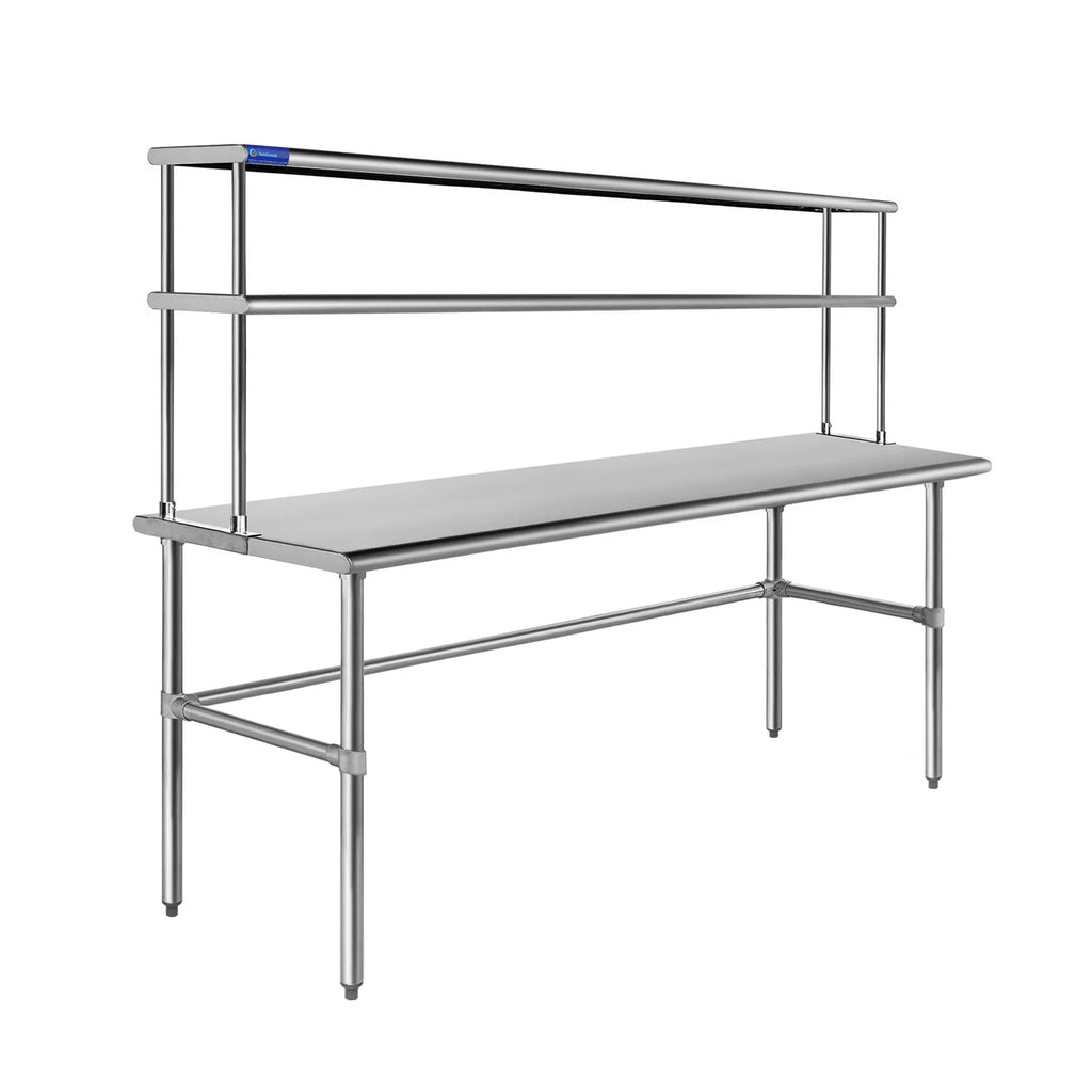 24" x 72" Open Base Rust-resistant Metal Work Table With 12" Wide Double Tier Overshelf | Metal Kitchen Prep Table & Shelving Combo