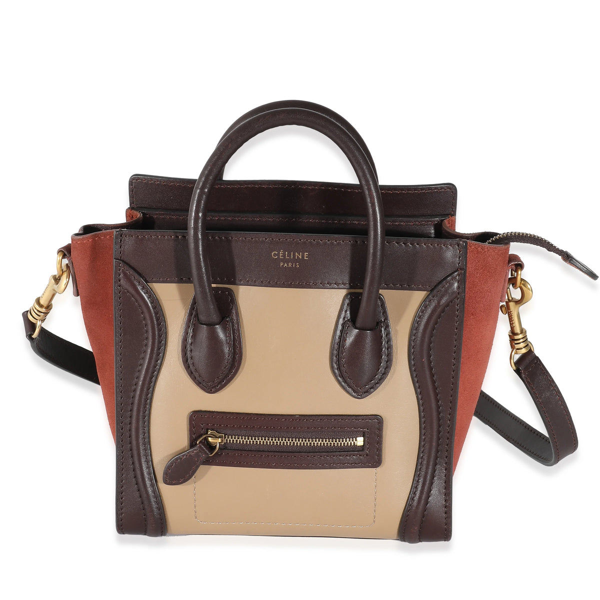 Celine Burgundy Beige Brown Tri-Colour Suede Leather Nano Luggage Secondhand