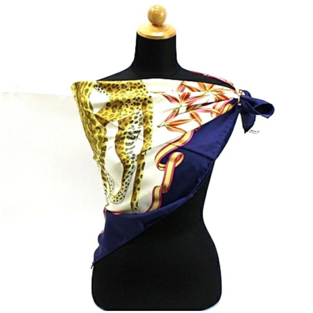 Secondhand Salvatore Ferragamo Silk Scarf Muffler Navy x Multicolor Leopard Print For Her (Good)