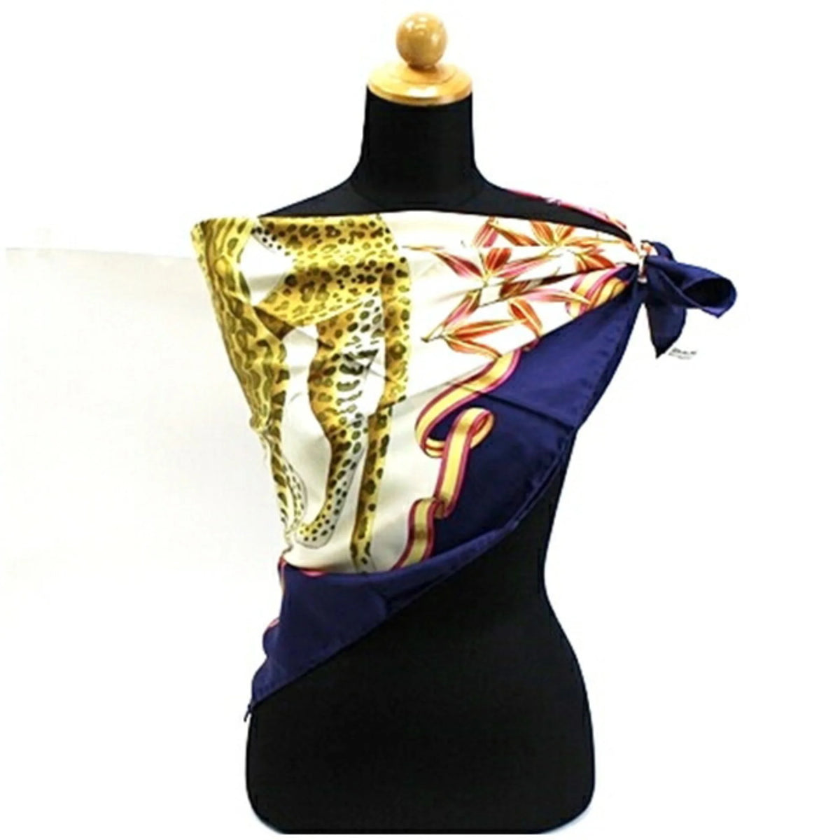 Secondhand Salvatore Ferragamo Silk Scarf Muffler Navy x Multicolor Leopard Print For Her (Good)