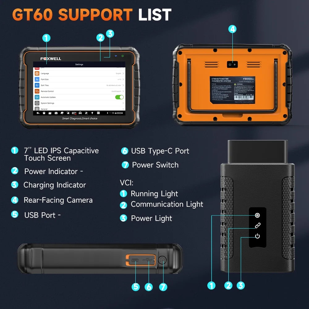 Foxwell GT60 Wireless Bluetooth Automotive Bi-directional Diagnostic Scanner 24+ Maintenance Services Full System OBD2 Scanner Code Reader for 12V Cars, EOBD OBD Scan Tool Vehicle Analyzer with Bag
