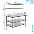 30" x 48" Rust-resistant Metal Work Table With Two Shelves | 12" Wide Double Tier Overshelf | Metal Kitchen Prep Table & Shelving Combo