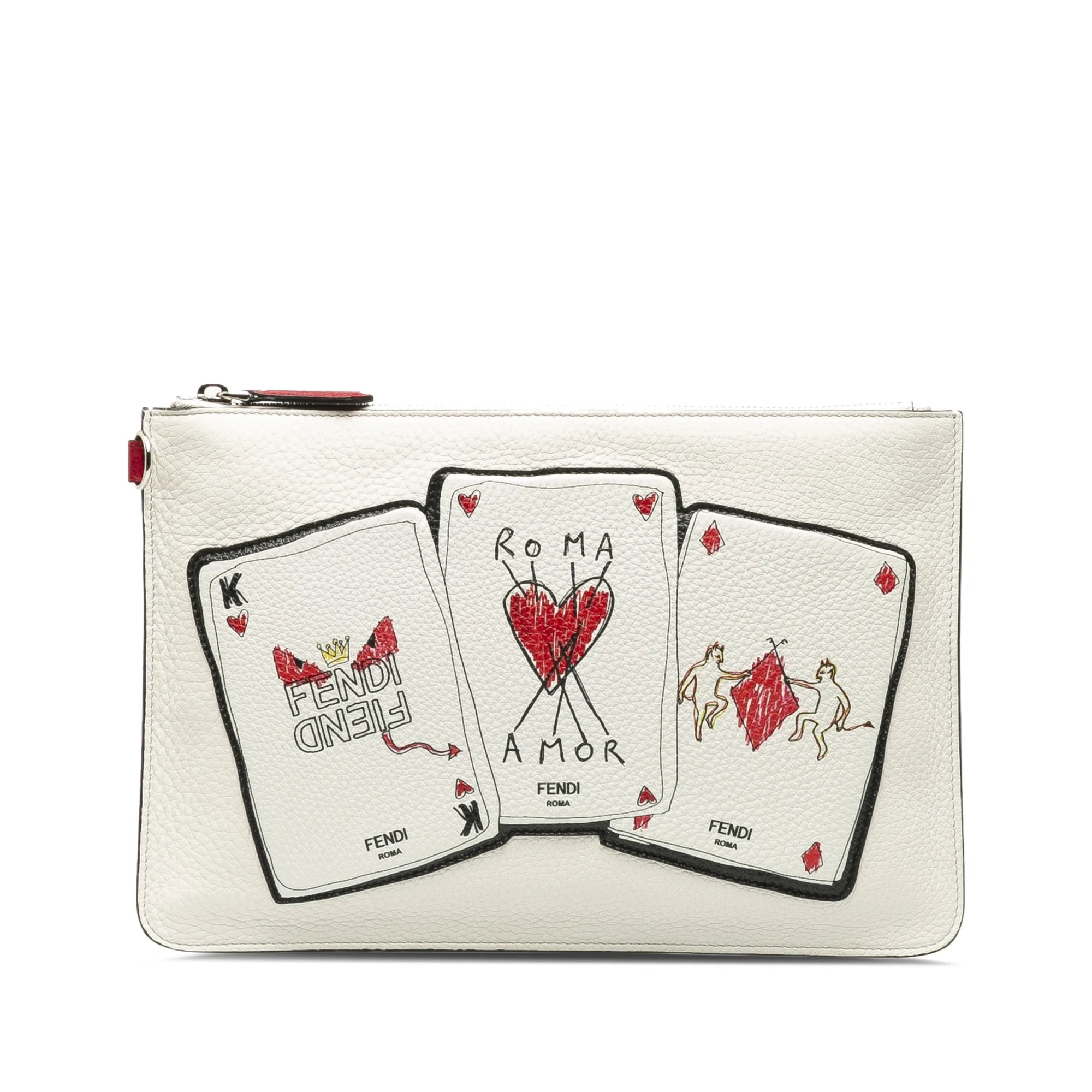 Previously Owned Authenticated Fendi Roma Playing Cards Zip Clutch Calf Leather White Clutch Bag WristletBag Unisex (Good)