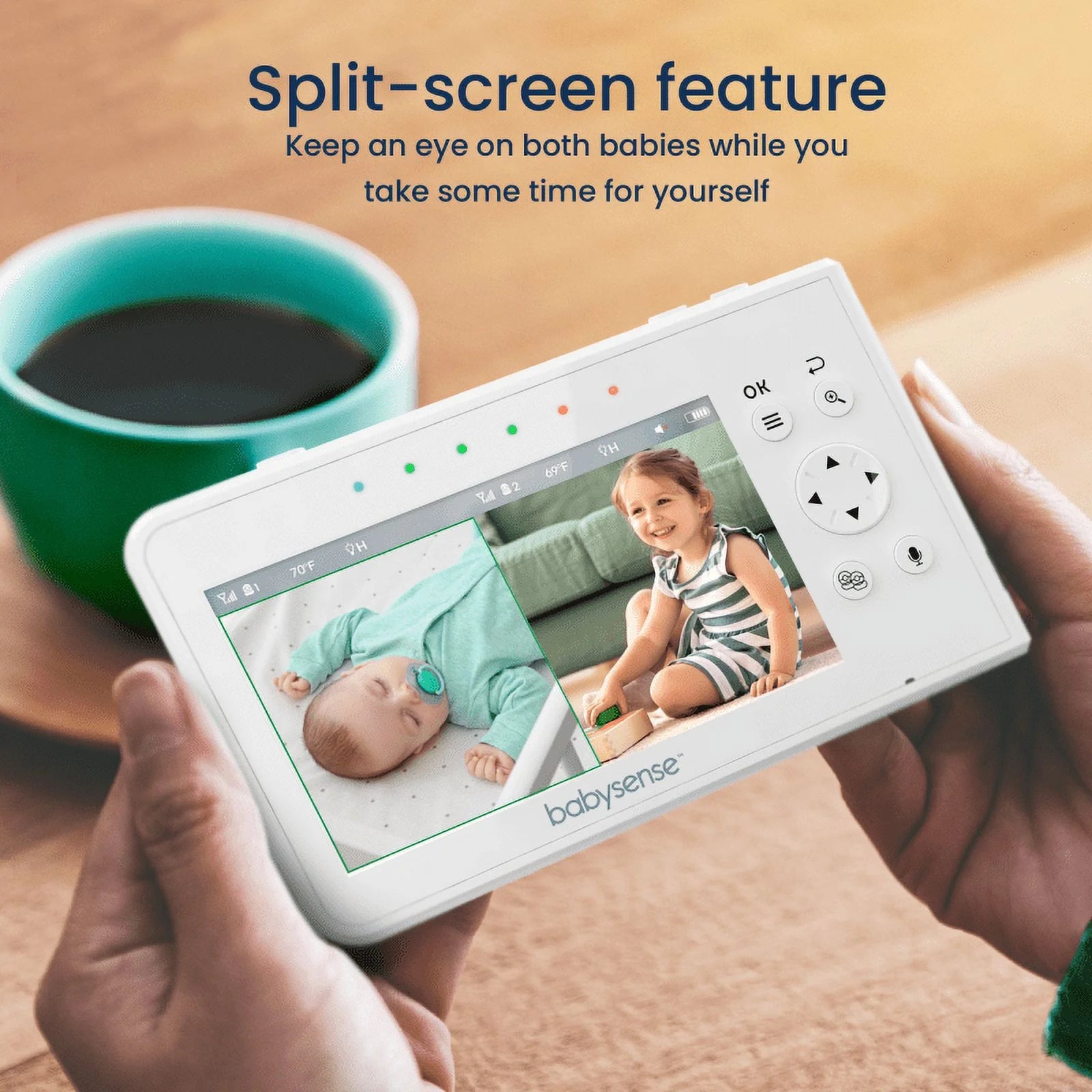Babysense Split Screen Video Baby Monitor, 4.3" Display with 2 PTZ Cameras, Long Range, Night Light & Vision, Two-Way Talk, V43