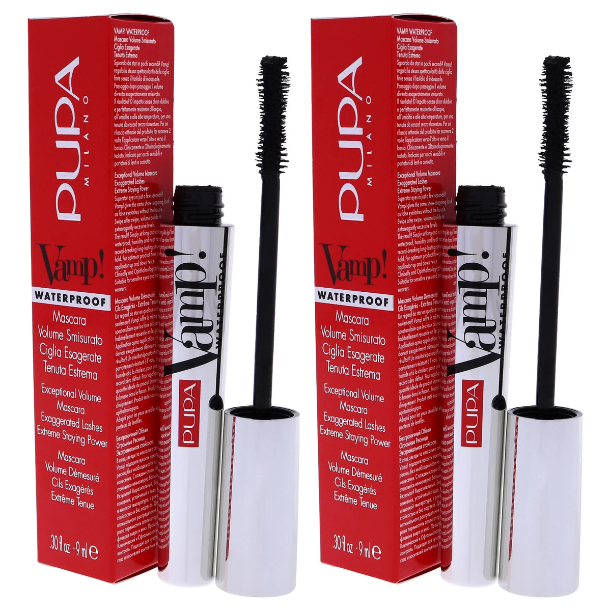 Pupa Milano Vamp! Waterproof Mascara - 001 Extra Black - Pack of 2 - 0.30 oz Mascara