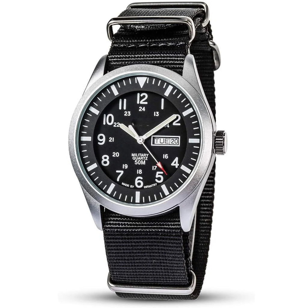 Military Watches for Men Tactical Wrist Watch, Waterproof Outdoor Sport Field Black Mens Analog Wristwatch, Army Casual Work 12/24 Hr Date Day Nylon Band