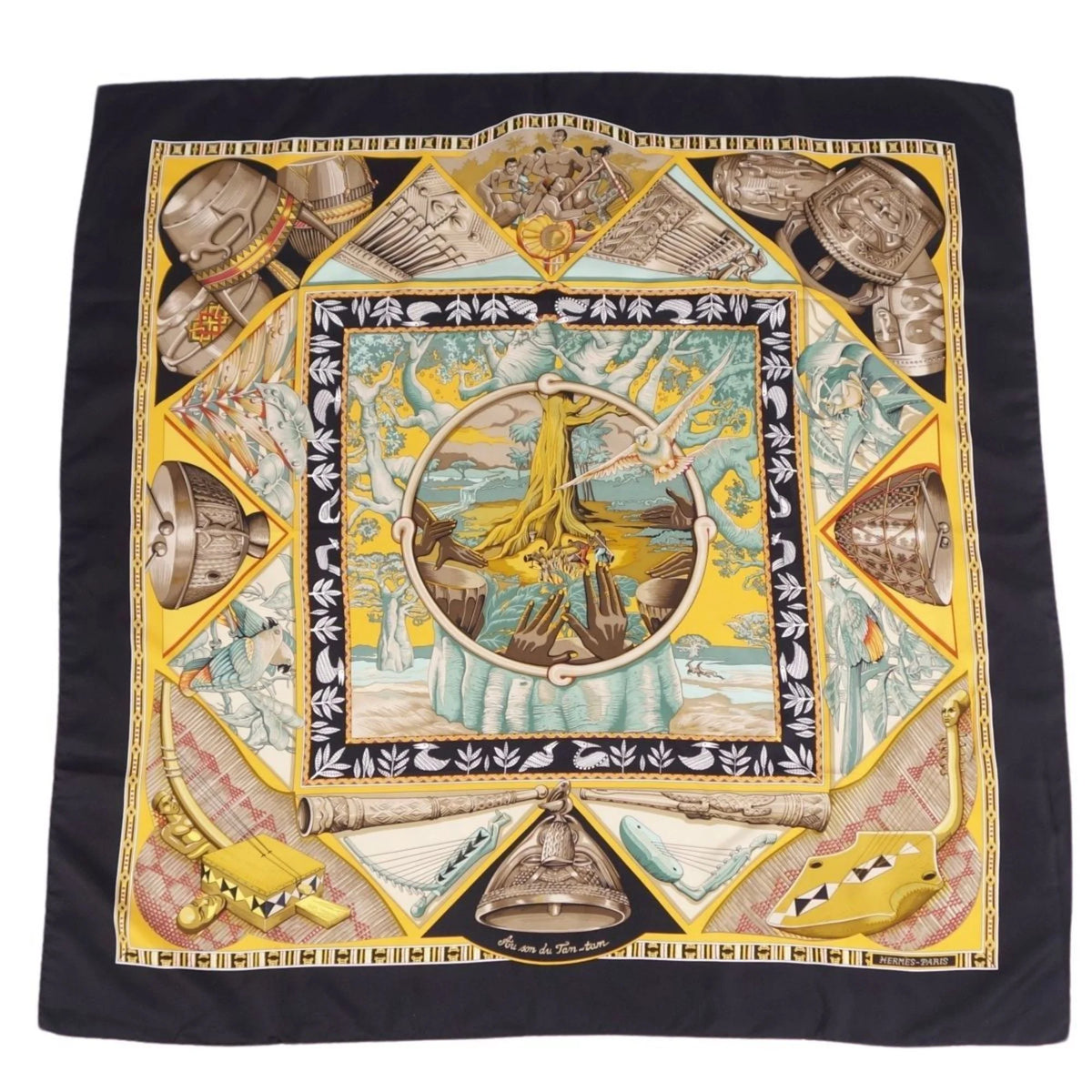 Previously Owned HERMES Scarf Muffler Carre 90 Au Son du Tam To the sound of tam 100% silk ladies multi color (Good)