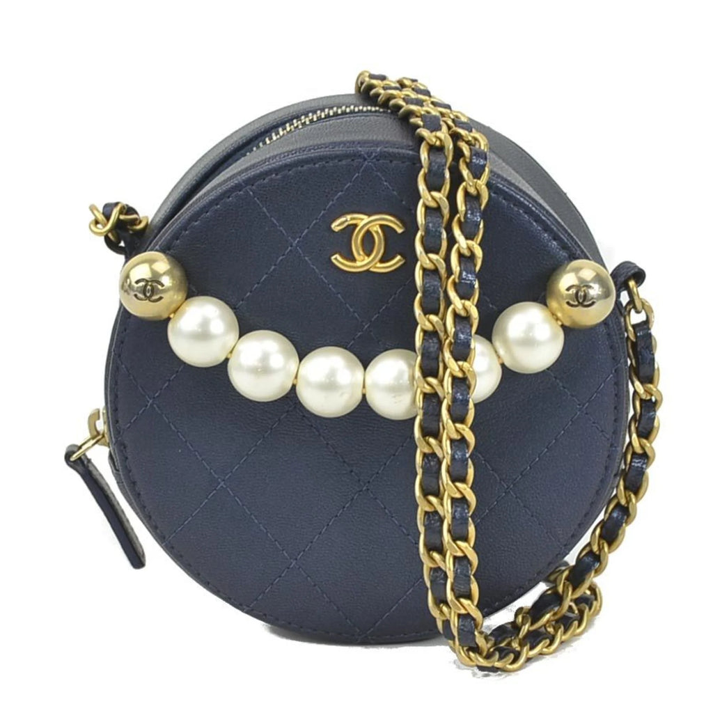 Secondhand CHANEL Crossbody Shoulder Bag Pochette Coco Mark Leather/Metal/Fake Pearl Navy/Gold/Off-White Female (Good)