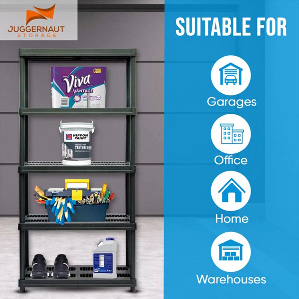 Juggernaut Storage 72 Inch 5 Shelf Plastic Utility Shelving Storage Unit