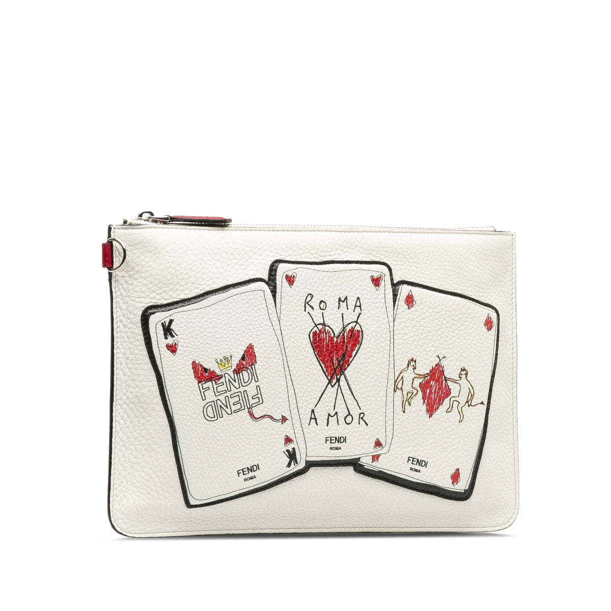 Previously Owned Authenticated Fendi Roma Playing Cards Zip Clutch Calf Leather White Clutch Bag WristletBag Unisex (Good)