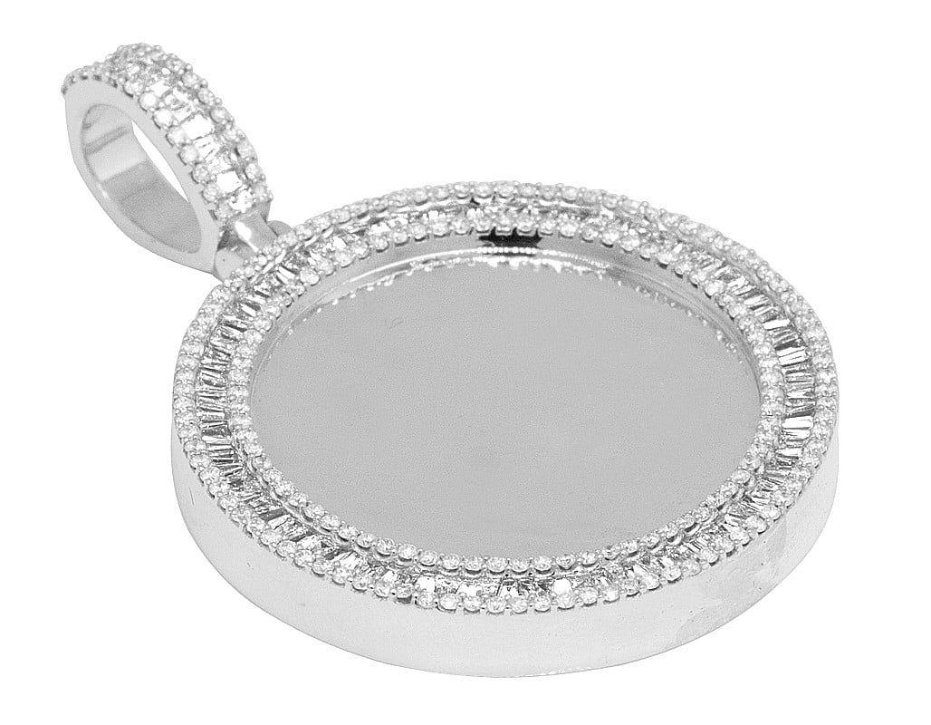 White Gold Memory Frame Baguette Diamond Photo Engrave Pendant 2" 2.2CT