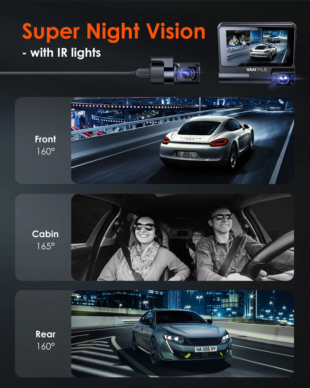 Vantrue S2 3 Channel 2K Front+1080P Interior +1080P Rear  30FPS WiFi Dash Cam, 3 inch Touchable IPS Screen Car Camera with Nearly 360° Wide Angle, GPS built in, 24h Parking Monitor, Supercapacitor