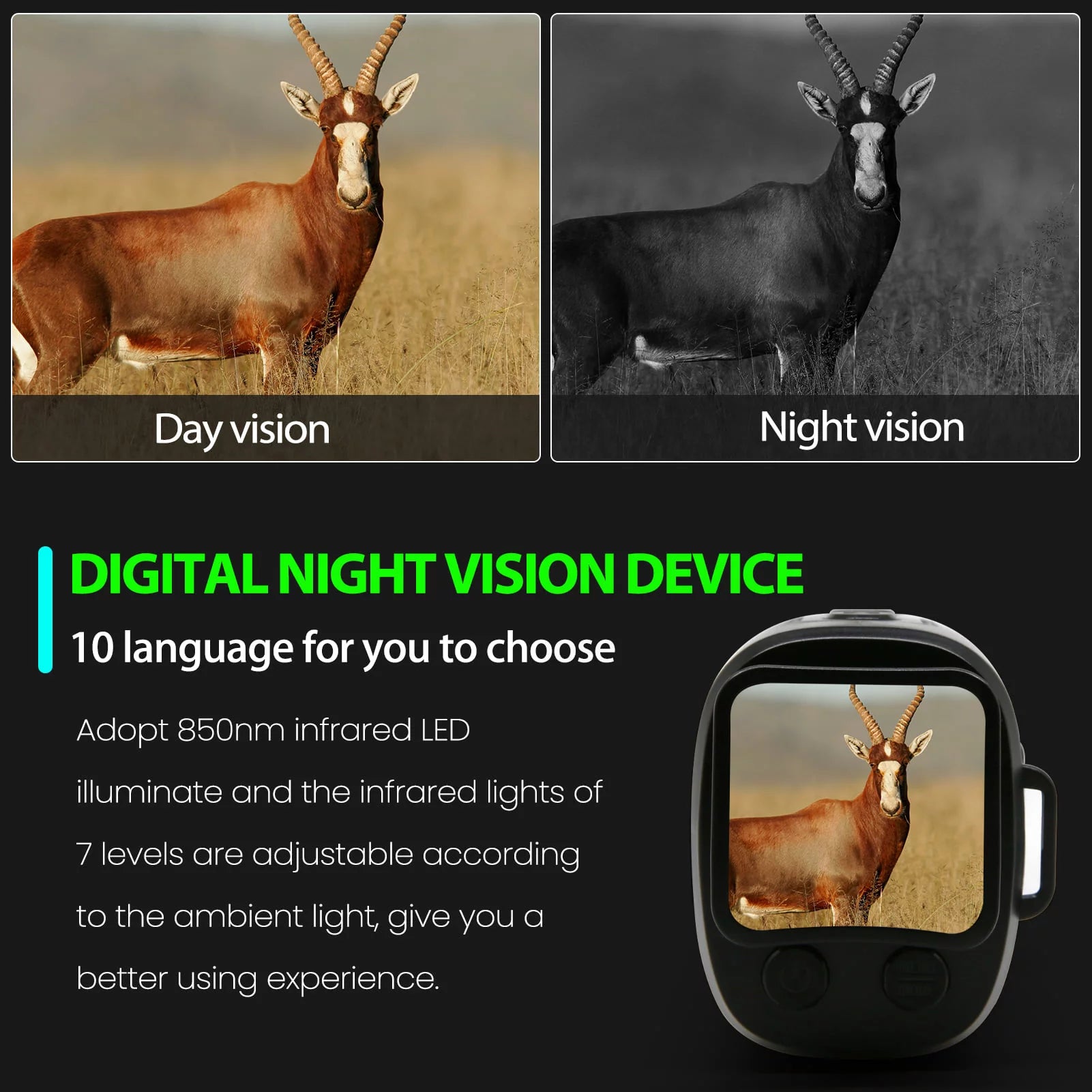 Infrared Night Vision Device 500~1000M Full Dark Viewing Distance 10 Languages Animal Observation