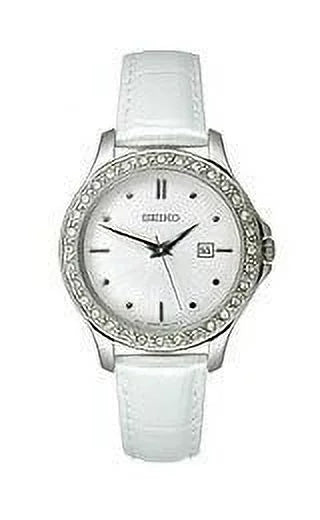 Seiko Female Leather Brushed Silver-Tone Dial Watch #SXDF93