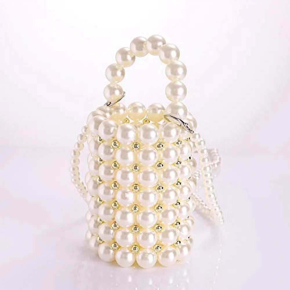 Beaded Handbag for Women White Pearl Decoration Evening Bags with Detachable Chain Inner Bag Medium
