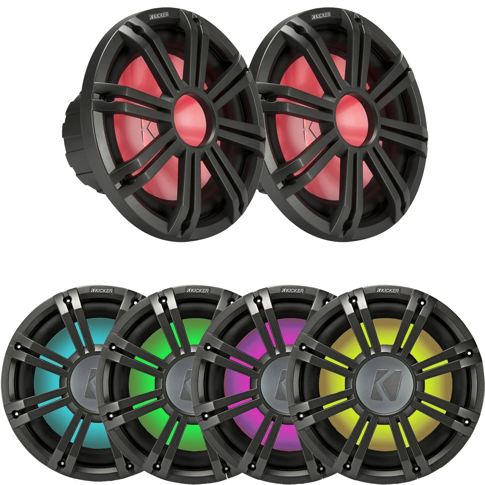 2 Kicker 45KMF104 10" Weather-Proof Subwoofers for Freeair Applications - 2 Kicker 45KMG10W 10" LED Grilles (Charcoal)